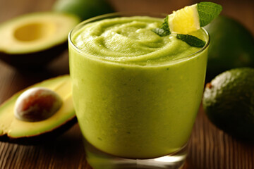 Avocado smoothie with lime and mint on wooden table, closeup