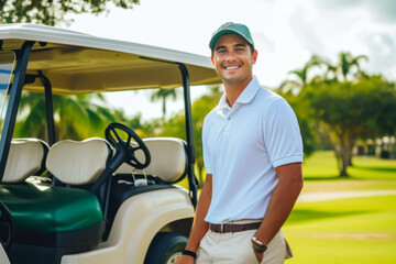 Portrait of smiling young man standing with golf cart on golf course
