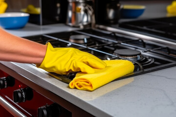 Cropped view of woman in rubber gloves cleaning gas stove in kitchen