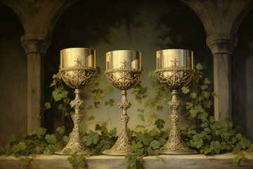 chalices with host, cross, and greenery branches. Generative AI