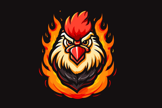 Hot spicy chicken vector logo design. Rooster mascot. Emblem with chicken head in flames