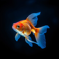 Goldfish, photography, orange, sleek, shimmering, freshwater aquarium, tranquil, LED aquarium lights, vibrant orange and blue Generative AI