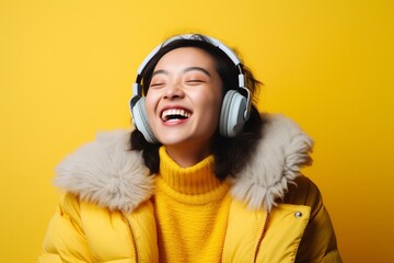 Asian people listening to music in Winter clothes and looking energetic, generative ai