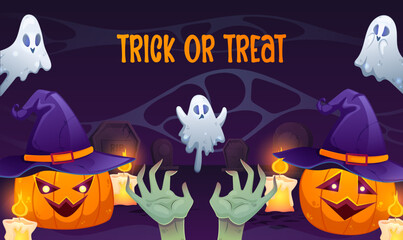 Halloween background with pumpkins, ghosts on cemetery. Trick or treat. Colorful vector illustration in cartoon style