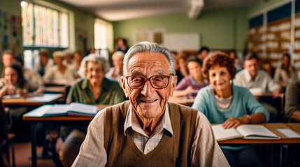 An elderly man with glasses in a school for seniors - obrazy, fototapety, plakaty