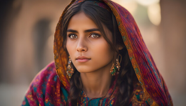 Afghan girl wear traditional dress in history background ai generated
