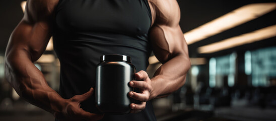 muscular man, bodybuilder holding blank black plastic protein jar in hands on gym background. sport nutrition supplements . banner with copy space - obrazy, fototapety, plakaty