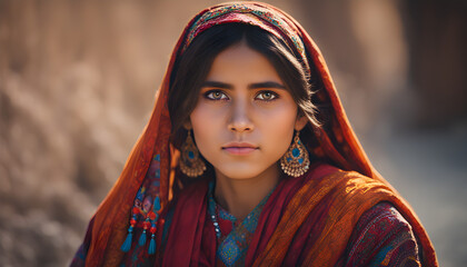 Afghan girl wear traditional dress in history background ai generated