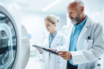 Doctors radiologists standing next to the  at MRI or CT scan machine - obrazy, fototapety, plakaty