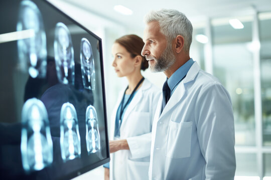Doctors radiologists looking at MRI or CT scan images on monitor, trying to diagnose disease.