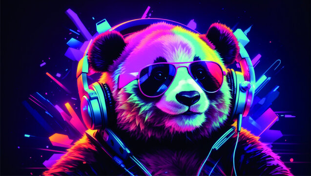 Cute black panda wearing hoodie listening dj music  with headphone , Colorful neon background