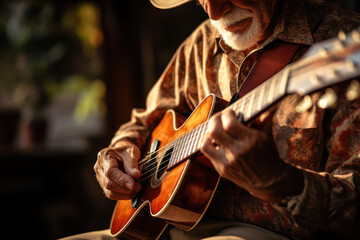 Fototapeta premium An older person learning to play a musical instrument, highlighting the cognitive benefits of engaging in creative hobbies in old age. Concept of lifelong learning. Generative Ai.