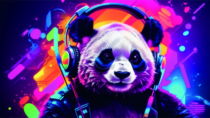 Fototapety  Cute black panda wearing hoodie listening dj music  with headphone , Colorful neon background