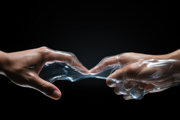 Obraz premium A pair of hands reaching out to touch a glass window, signifying the longing for physical contact during isolation. Concept of touch deprivation. Generative Ai.