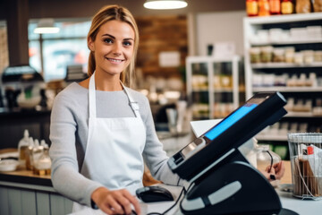 Portrait of smiling female cashier using payment terminal at counter in supermarket - obrazy, fototapety, plakaty