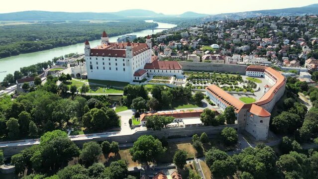 Drone flying at Bratislava Castle or Bratislavsky Hrad. Bratislava Castle is the main castle of Bratislava, capital of Slovakia. Aerial view of city skyline from drone