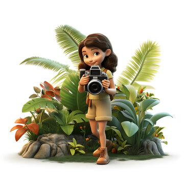 Cartoon 3d of girl taking photo in the jungle isolated on white