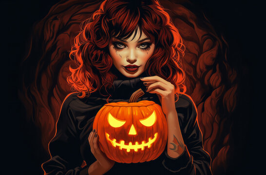 Spooky Halloween woman holding a pumpkin on her hands
