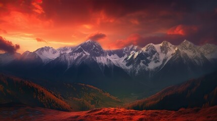 Free Photo of A breathtaking mountain landscape at sunset with snow-capped peaks, a fiery sky.
