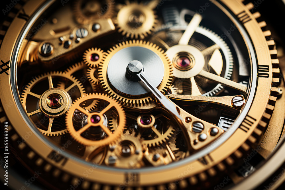 Poster a close-up of gears and cogs turning inside a vintage industrial clock. concept of precise timekeepi