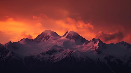 Free Photo of A breathtaking mountain landscape at sunset with snow-capped peaks, a fiery sky.