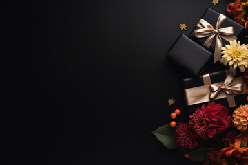 Black Friday Super Sale. Shelf and podium with realistic black gifts boxes with gold bows. top view