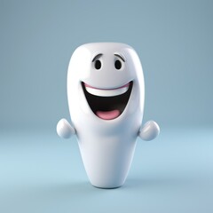 cheerful cartoon 3d tooth, dental on a plain blue background with space for text