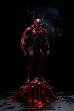 a strong cyborg robot killer machine standing on a pile of guts and blood. red deep blood. full view, dark background. 