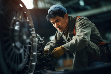 Young Asian worker in an airplane factory