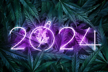 New Year's background for cannabis, neon 2024 on backdrop of cannabis leaves - obrazy, fototapety, plakaty
