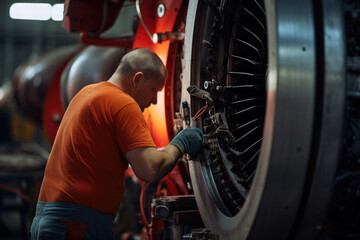 Mechanics inspecting and repairing jet engine. Maintenance at aircraft hangar.Jet engine maintenance and change part by aircraft technician . - obrazy, fototapety, plakaty