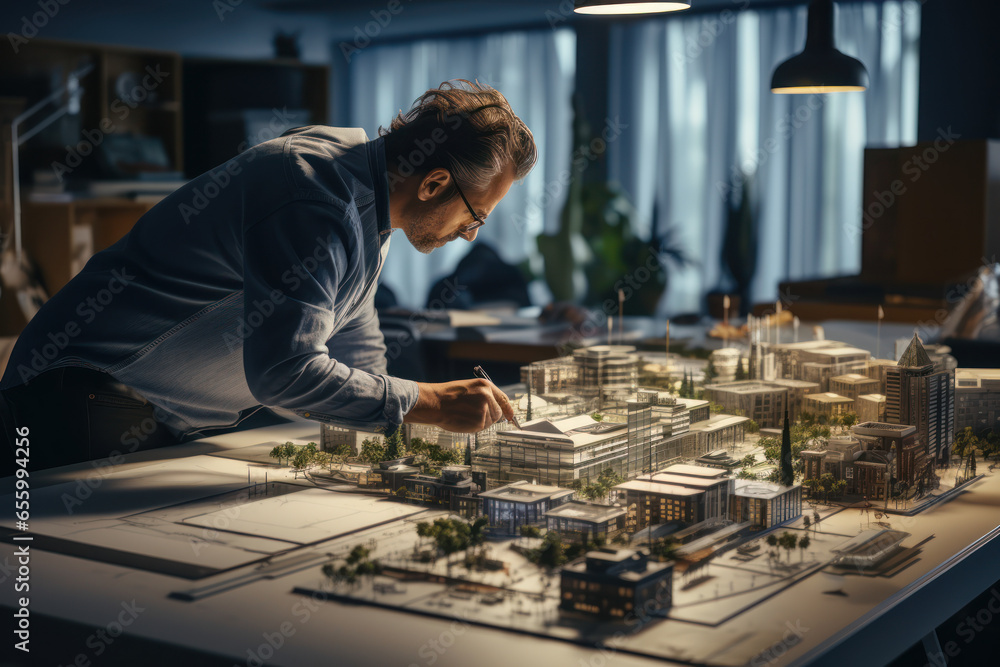 Poster an architect meticulously drawing building plans on a drafting table. concept of architectural desig
