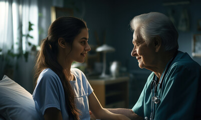 Obraz premium A nurse caring for a patient in a hospital, administering medication with compassion. Concept of healthcare. Generative Ai.