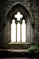 a catedral, church, palace, castle Gothic arch stone medieval window. Brick, stone wall. Isolated transparent background. - obrazy, fototapety, plakaty