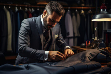 A tailor skillfully sewing a custom-made suit in a boutique. Concept of fashion craftsmanship. Generative Ai. - obrazy, fototapety, plakaty