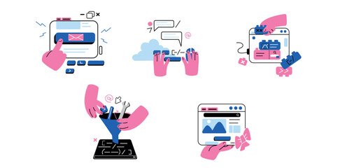 Web development illustrations. Collection of scenes with person involved in software, web, ux and ui development. Minimalist and modern vector style