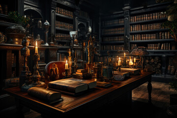 A dusty old library filled with leather-bound books and dimmed reading lamps. Concept of timeless...