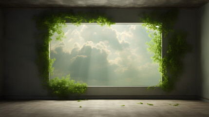 green leaves and clouds in the window of an abandoned factory
