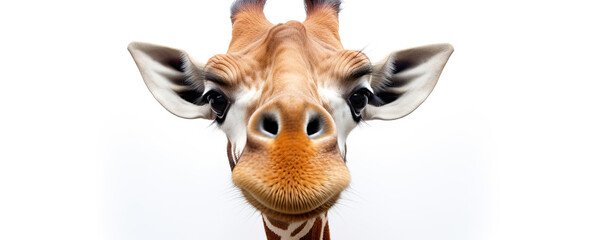 Fancy girafe portrait isolated on white background. Girafe looking into camera.  copy space for text.