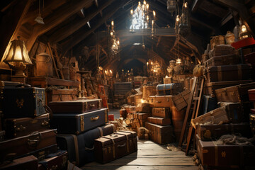 A dusty attic filled with antique trunks and forgotten treasures. Concept of hidden nostalgia....