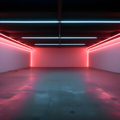interior of an empty room with neon lights.