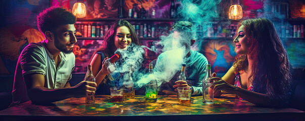 Happy smillig friends drinking and smoking shisha or Marijuana in night bar. - obrazy, fototapety, plakaty
