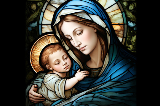 Culture and religion concept. Holy Mary holding baby Jesus Christ. Colorful stained glass window illustration in minimalist style. Generative AI