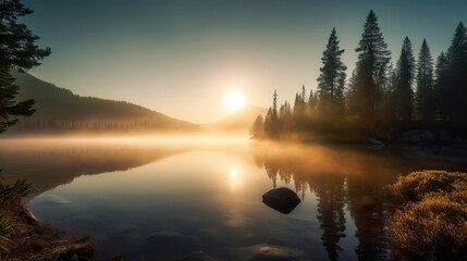 Free Photo of A breathtaking sunrise over a serene mountain lake, with mist rising from the water, pine trees on the shore