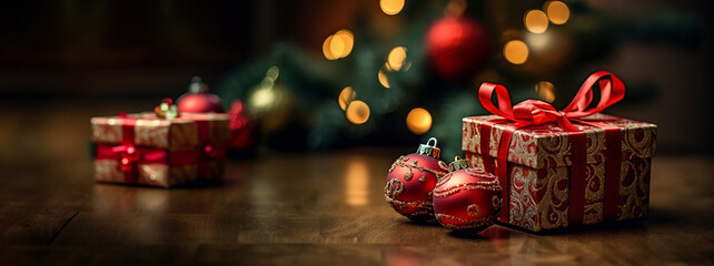 Christmas gifts, christmas tree in background, orniments, photography, image sharp/in-focus image,...