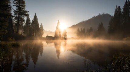 Fototapeta premium Free Photo of A breathtaking sunrise over a serene mountain lake, with mist rising from the water, pine trees on the shore