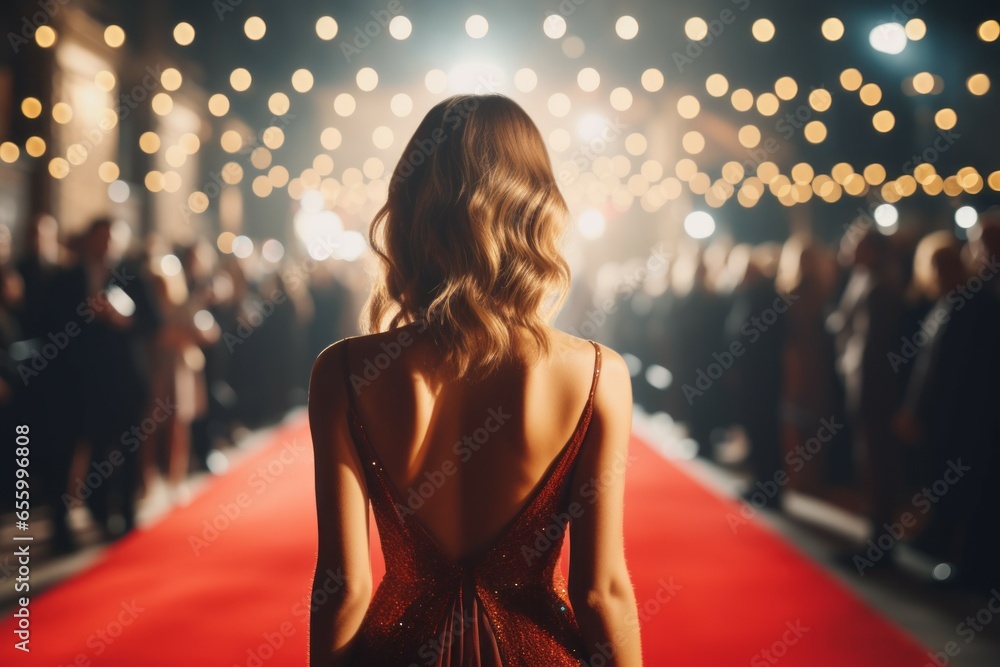 Poster woman on the red carpet, view from the back. background with selective focus and copy space