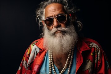 Portrait of an old man with a long white beard and mustache in a colorful shirt and sunglasses on a...