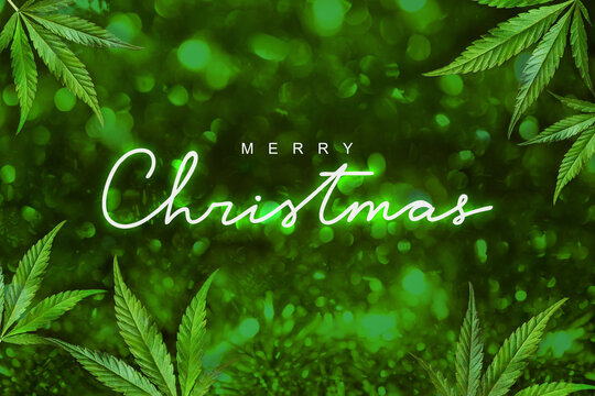 Neon lettering Merry Christmas on a festive green background with cannabis leaves