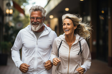 Active happy fit middle aged couple walking and playing sports.Concept of healthy lifestyle, sport